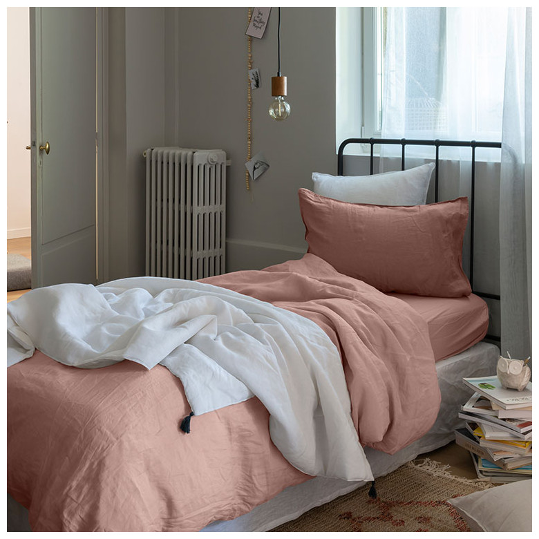 Housse de couette enfant lin et coton lavé Songe rose cendré