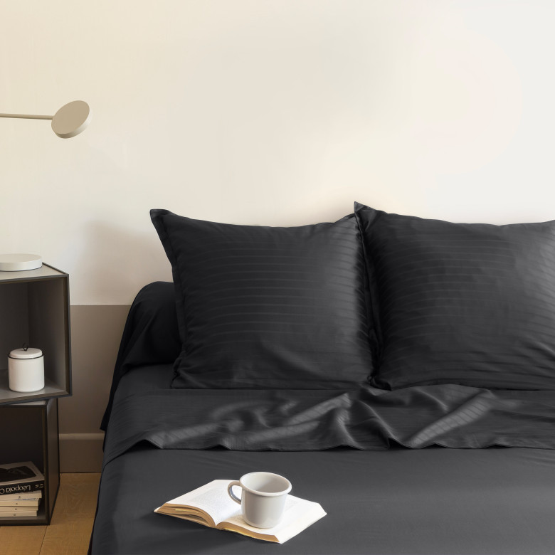 Drap de lit satin de coton jacquard pois et rayures Prestige noir