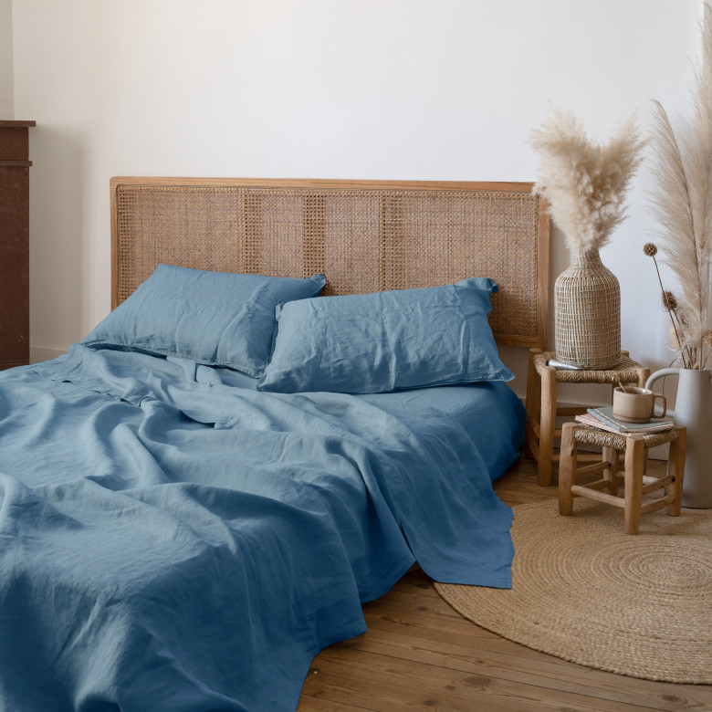 Drap de lit lin lavé Songe bleu baltique