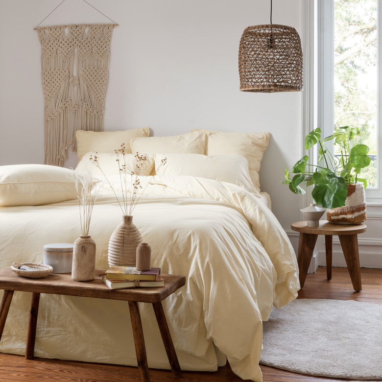 Housse de couette coton lavé bio Souffle jaune pastel