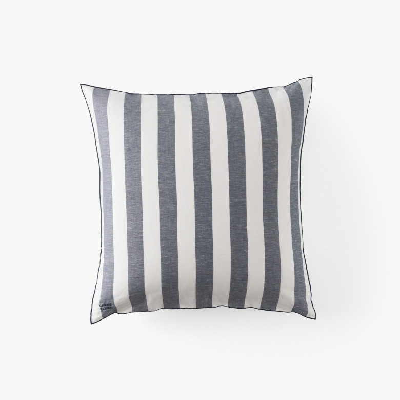 Taie d'oreiller carrée lin et coton lavé Tempos marine rayé