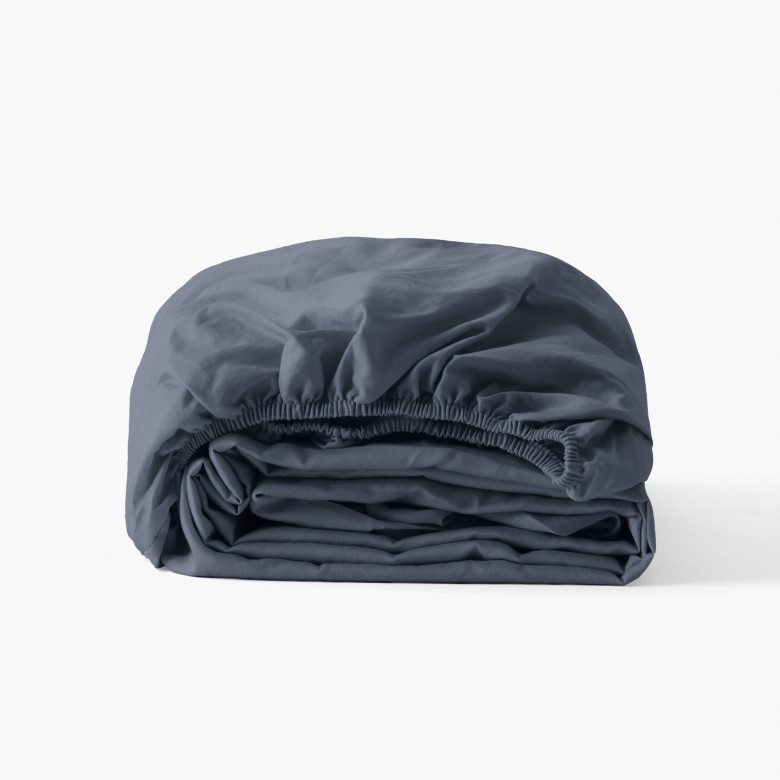 Drap housse satin de coton lavé bio Quartz bleu orage