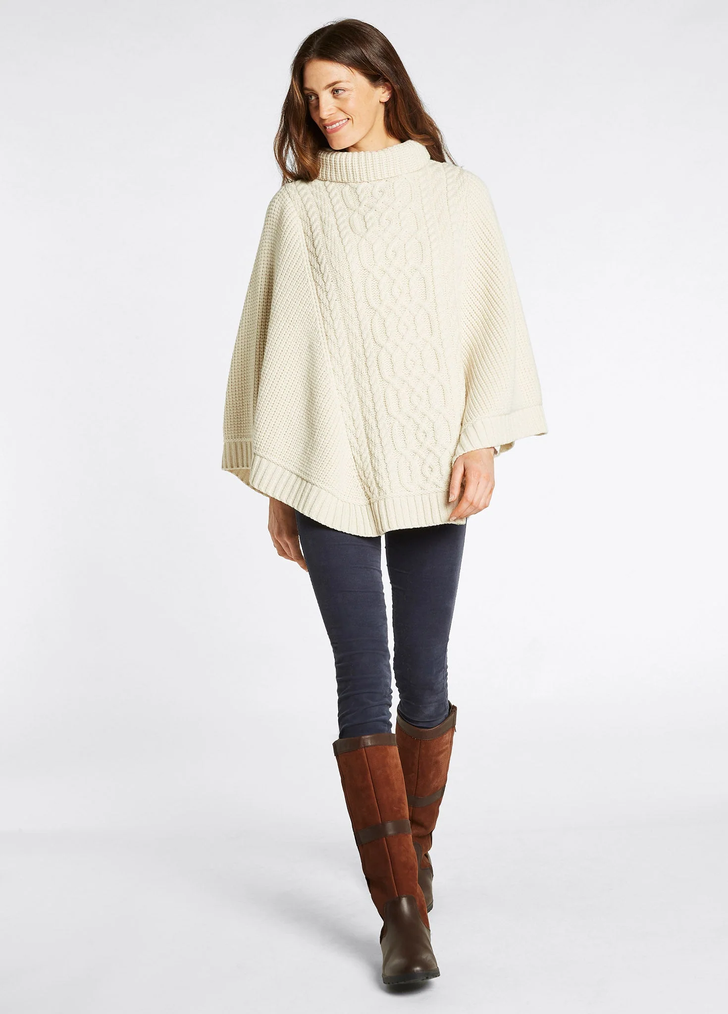 Kilronan Women's Irish Knit Merino Poncho - Cream