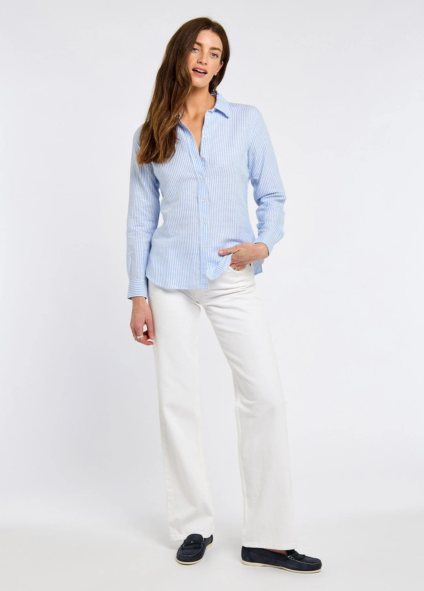 Butterfly Ladies' long sleeve linen shirt- blue