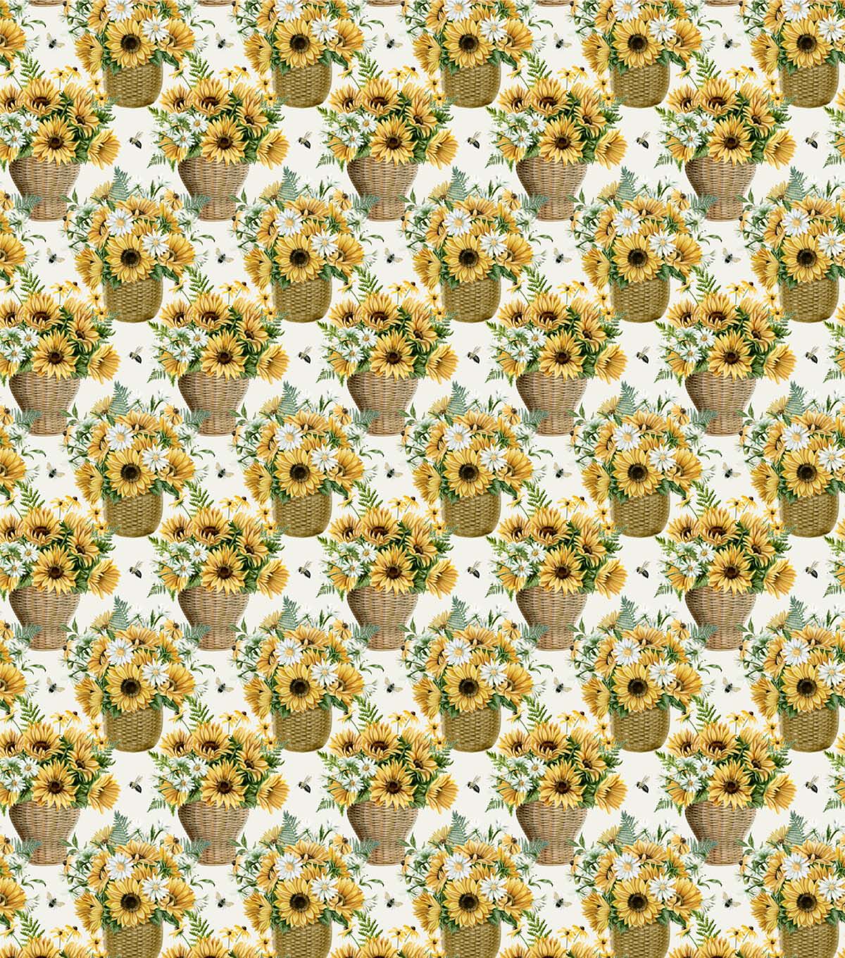Yellow Sunflower & Fern Baskets Premium Cotton Fabric