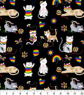 Fabric Traditions Cats & Rainbows on Black Novelty Cotton Fabric