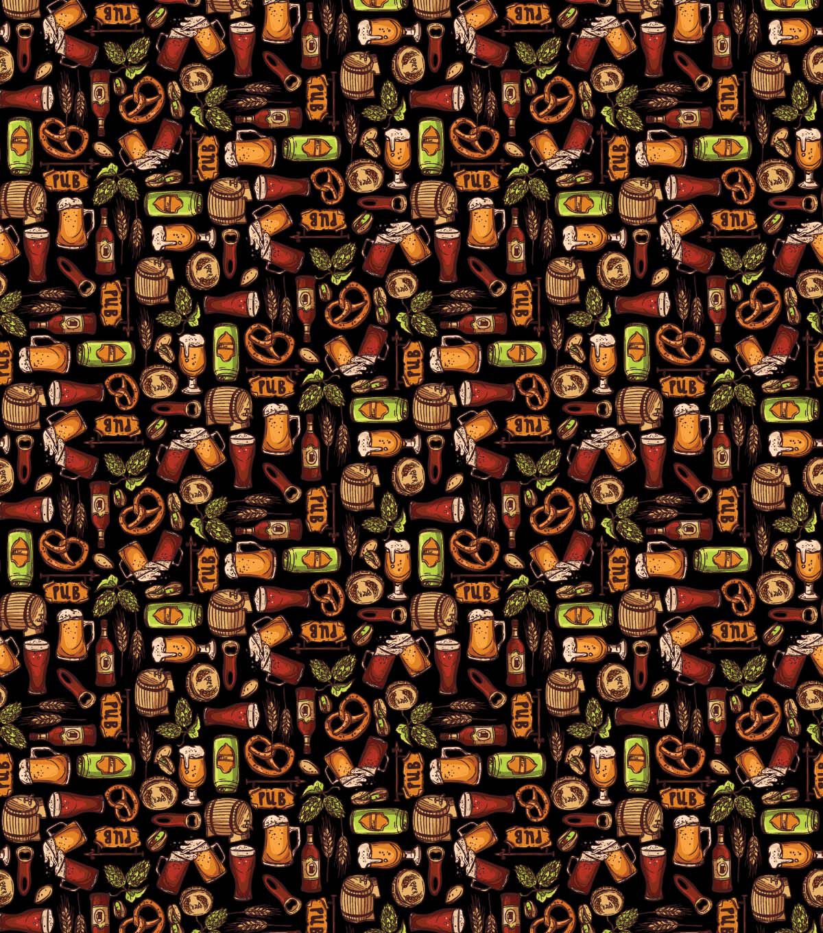 Beer & Pretzels on Black Novelty Cotton Fabric