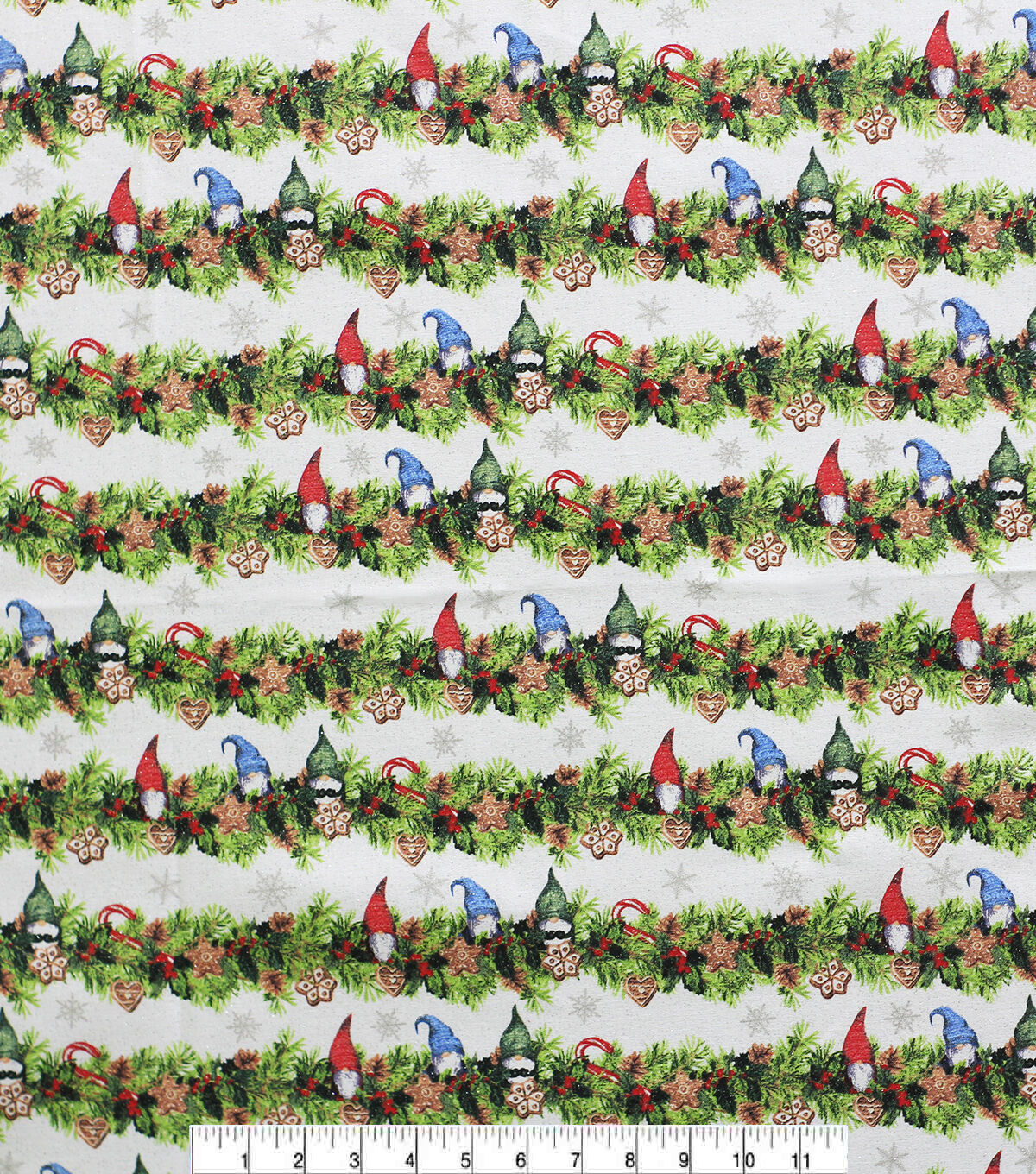Green Gnome Garland Stripes Christmas Glitter Cotton Fabric