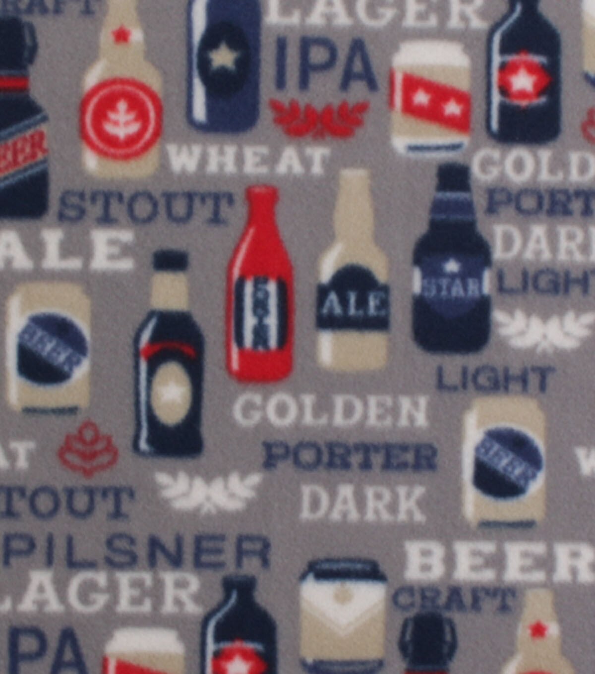 Beer Bottles on Gray Blizzard Fleece Fabric