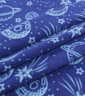 Space Icons on Blue Anti Pill Fleece Fabric