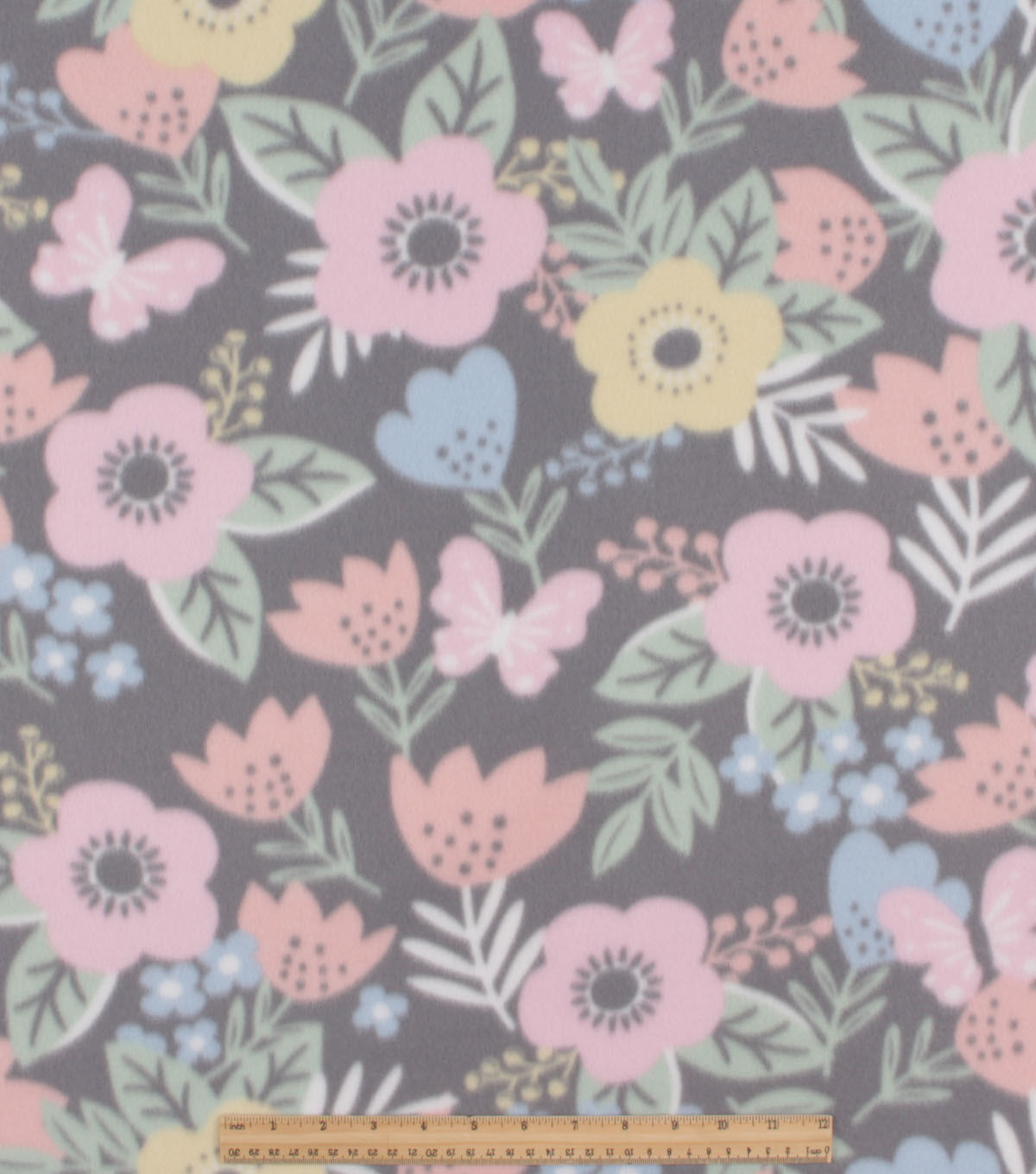 Tulips With Butterflies on Gray Blizzard Fleece Fabric