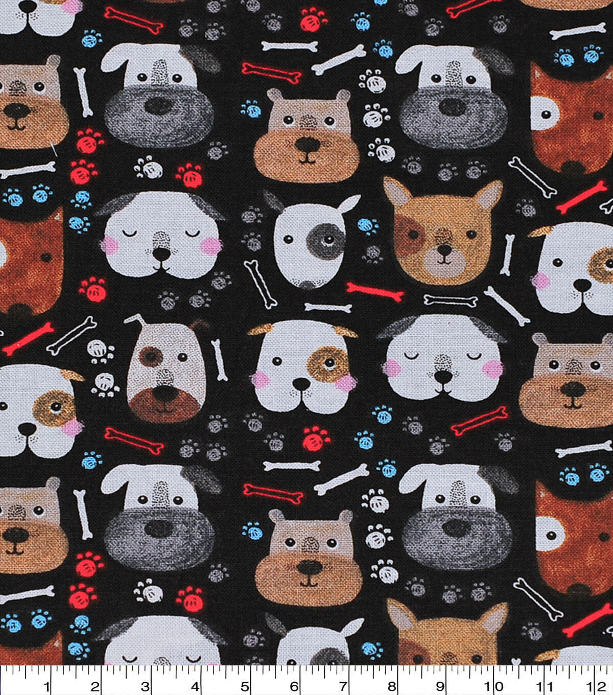 Novelty Cotton Fabric Dog Faces on Black