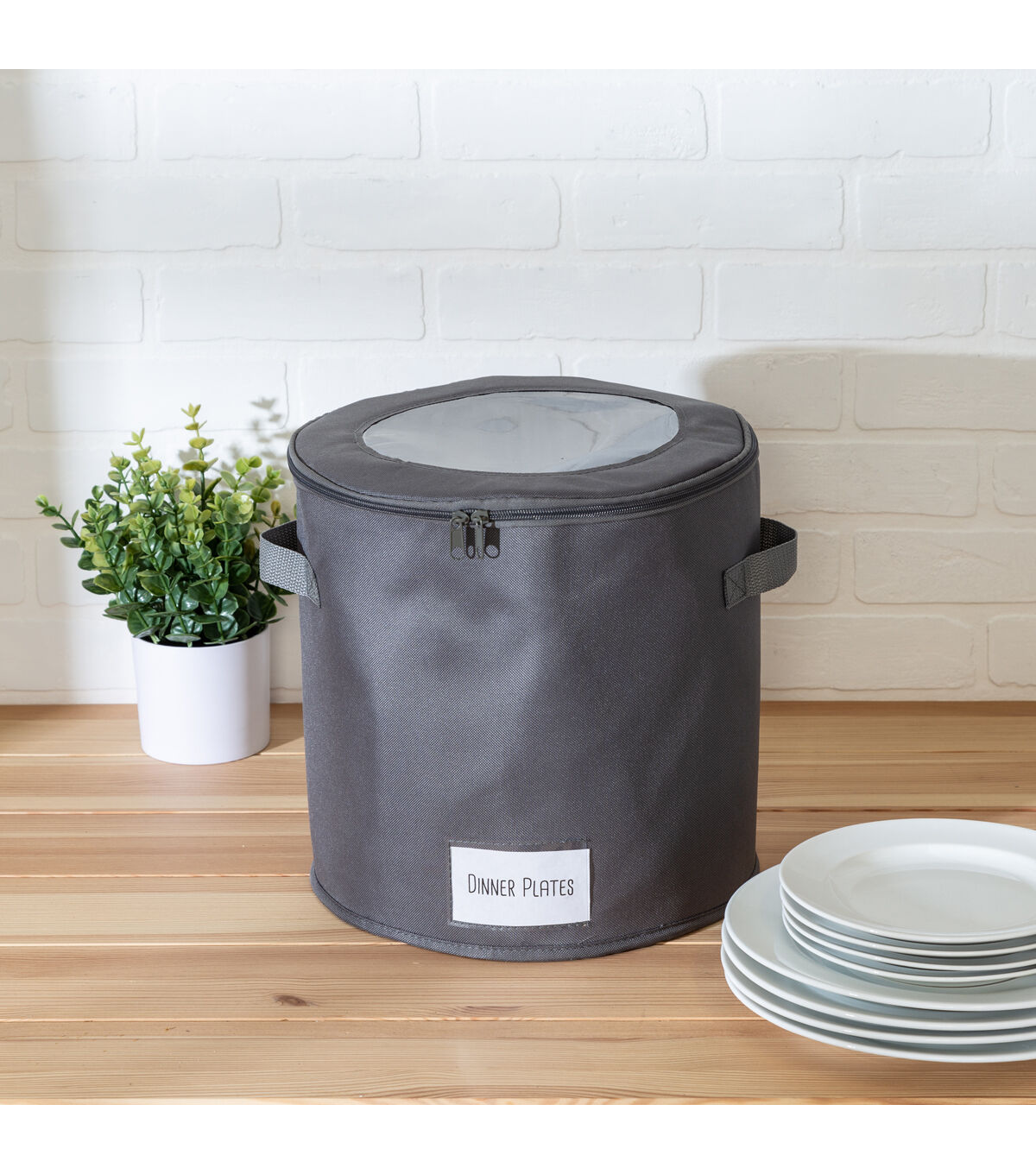 Honey Can Do 12 Gray Round Dinnerware Storage Box