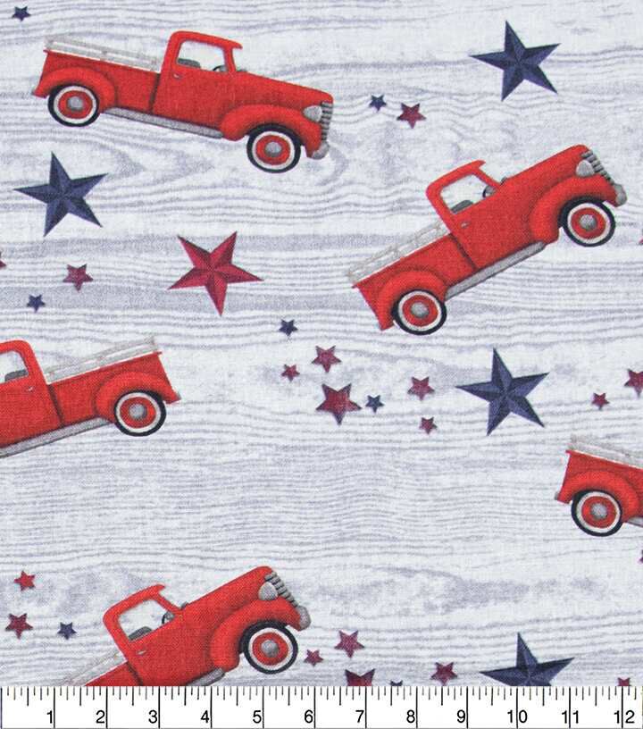 Vintage Truck On Woodgrain Patriotic Cotton Fabric