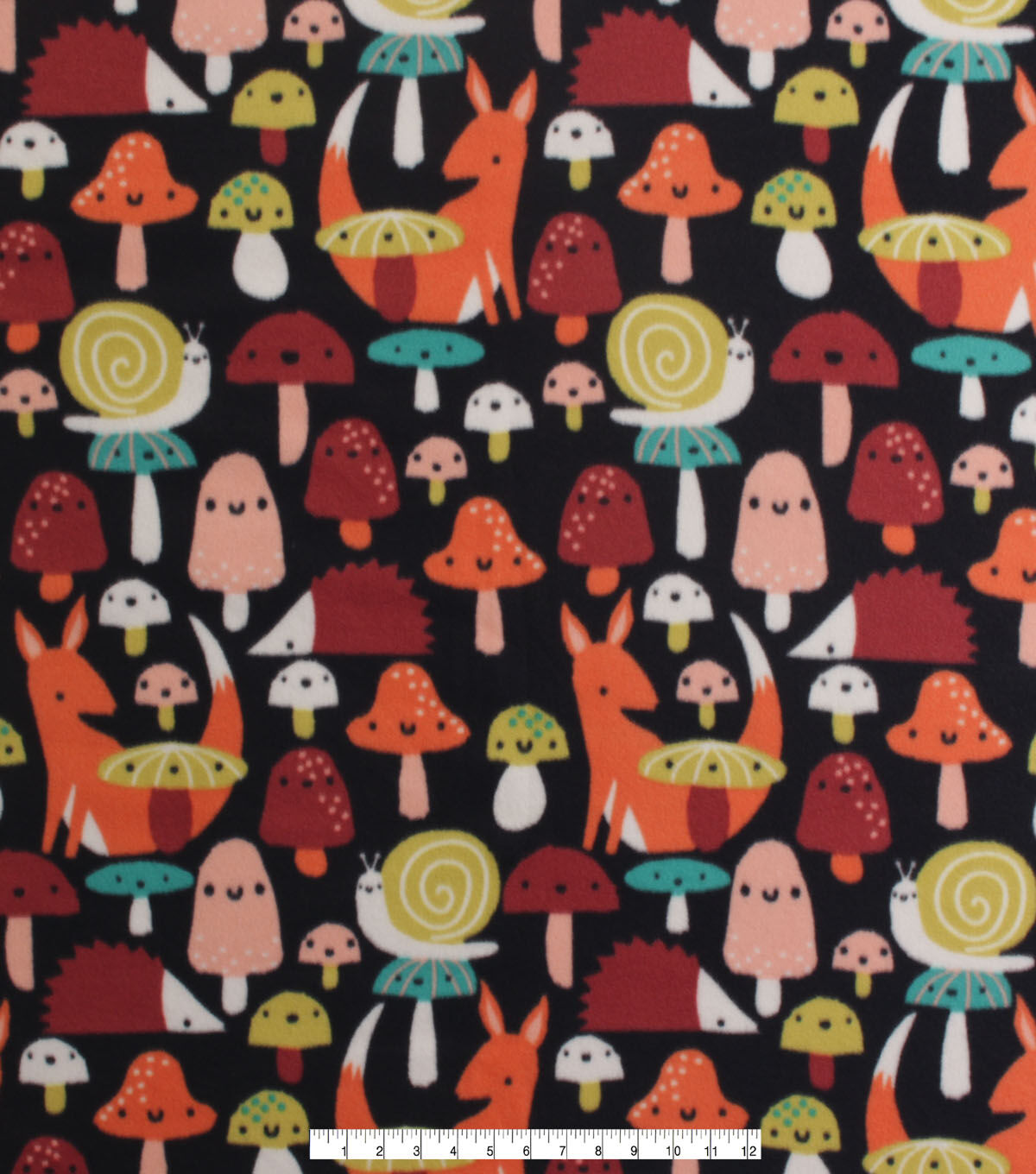 Fox & Mushrooms on Black Blizzard Fleece Fabric