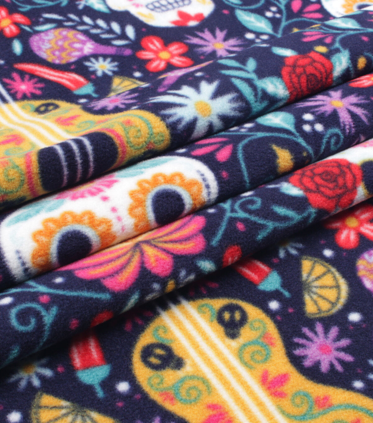 Day of the Dead Skeleton Heads & Floral Anti Pill Fleece Fabric