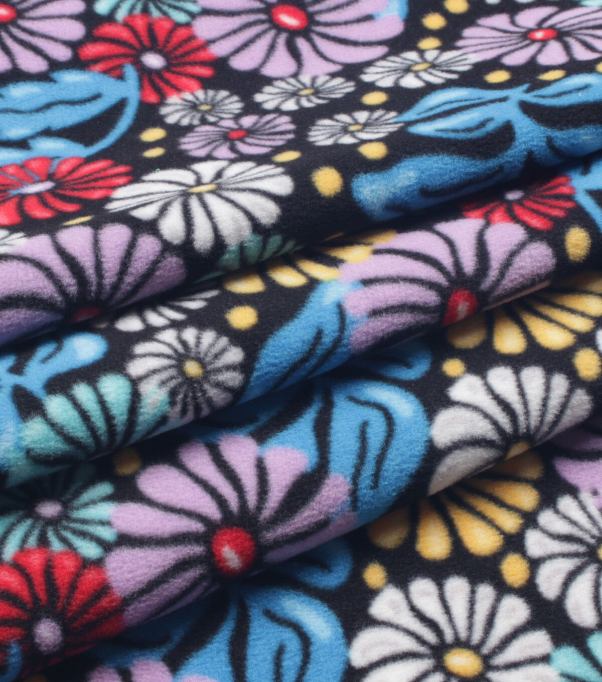 Packed Floral on Black Anti Pill Plush Fleece Fabric