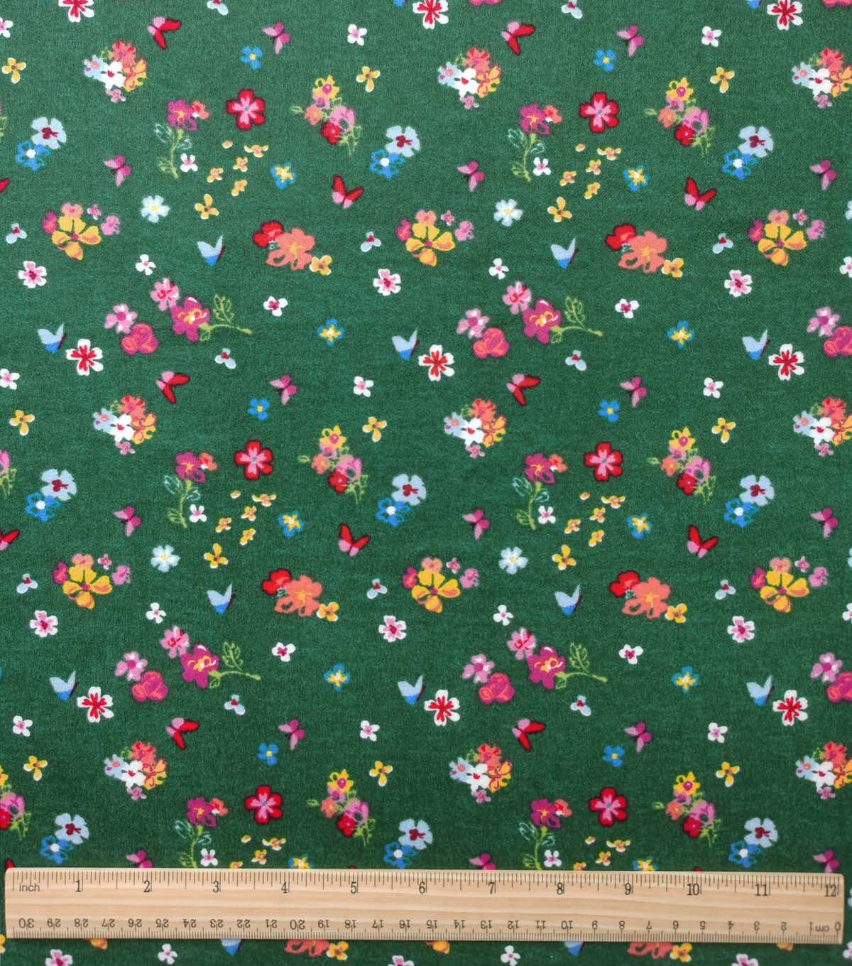 Floral & Butterfly on Green Luxe Flannel Fabric