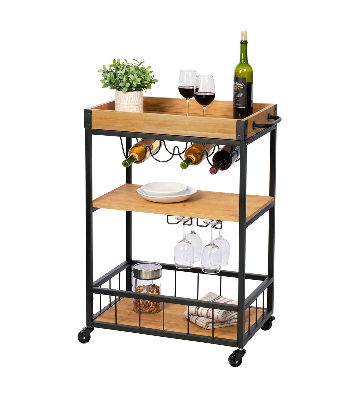 Honey Can Do 35 Black Industrial Bar Cart With Removable Serving Tray