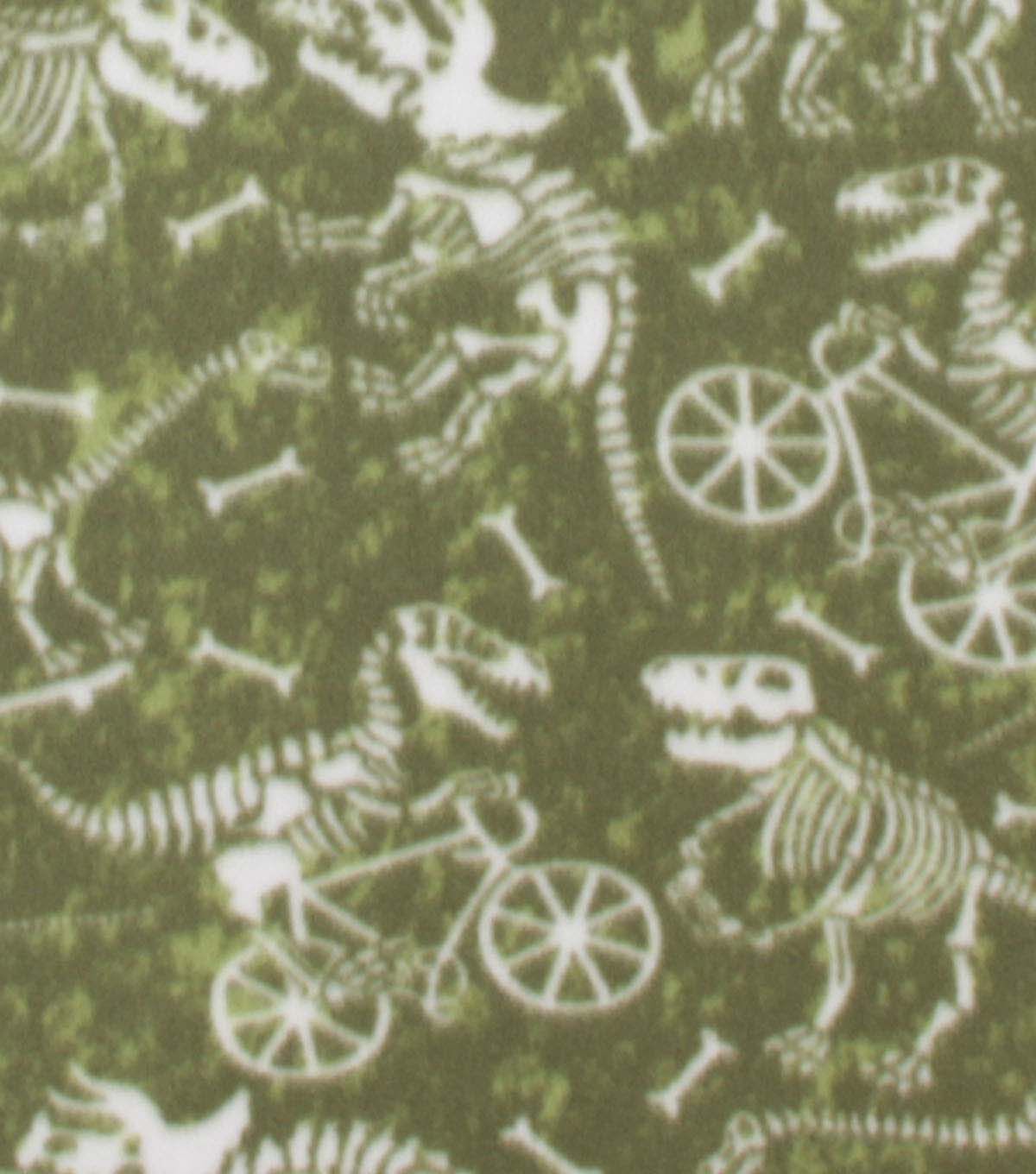 Dinosaur Skeletons on Green Blizzard Fleece Fabric