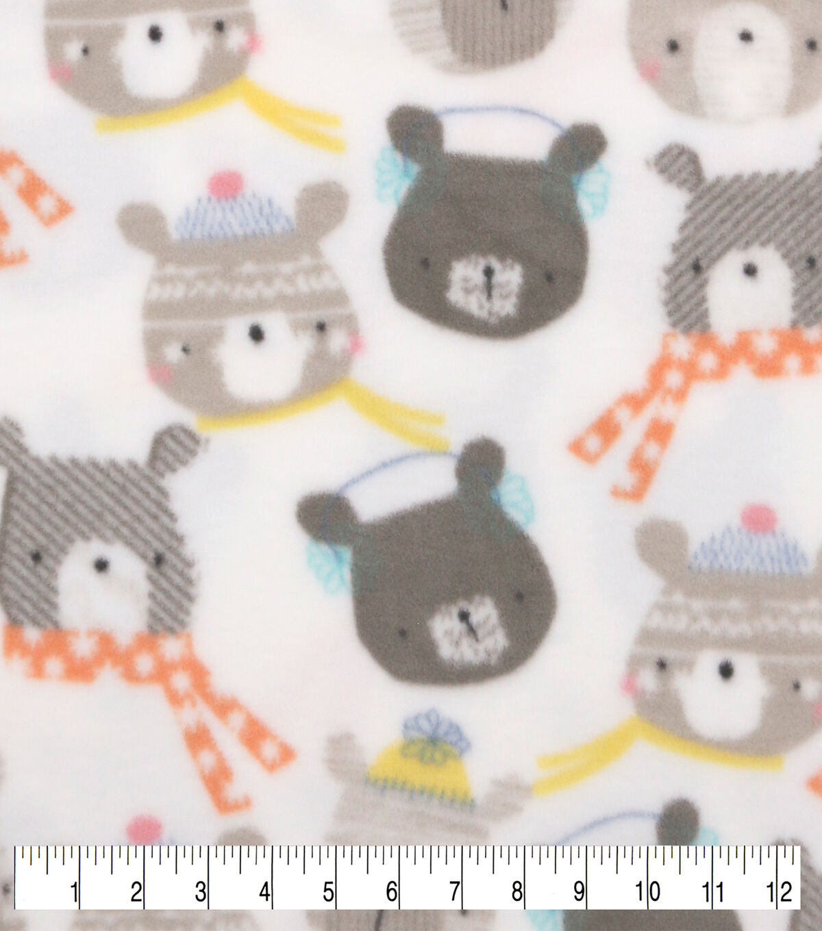 Winter Animal Faces on White Anti Pill Fleece Fabric