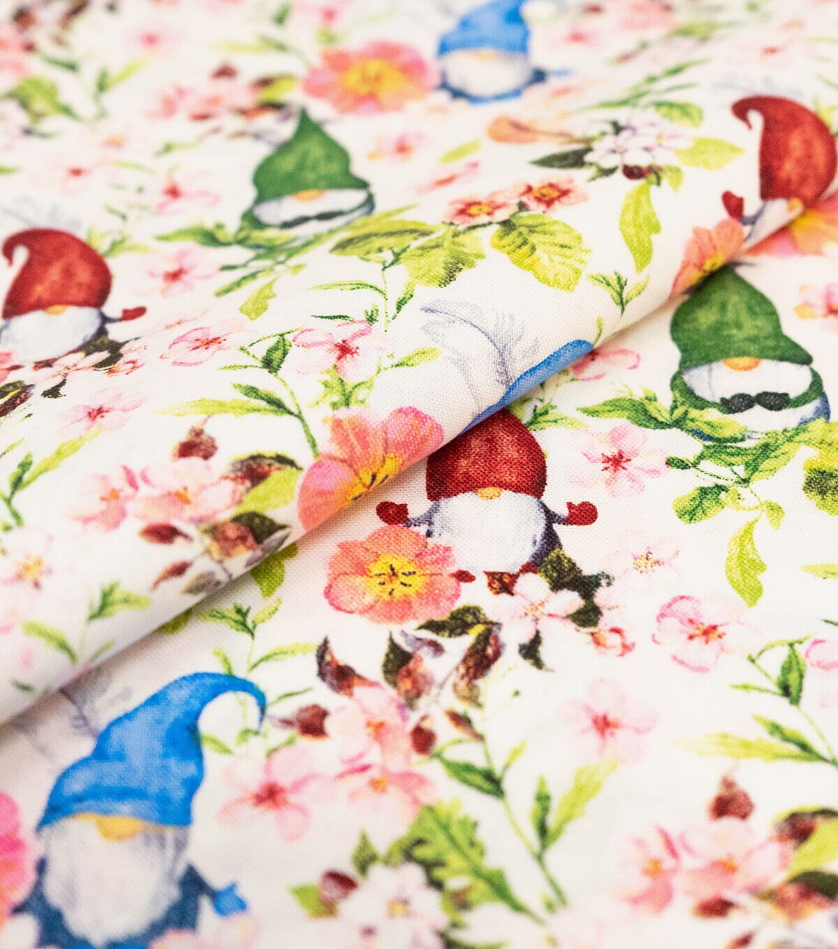 Singer Springtime Gnomes White Cotton Fabric