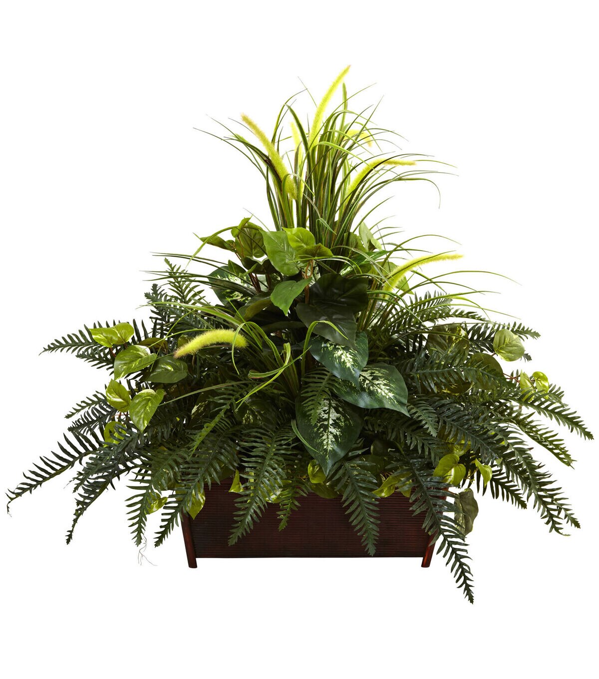 Nearly Natural 36 Mixed Grass & River Fern With Wood Planter