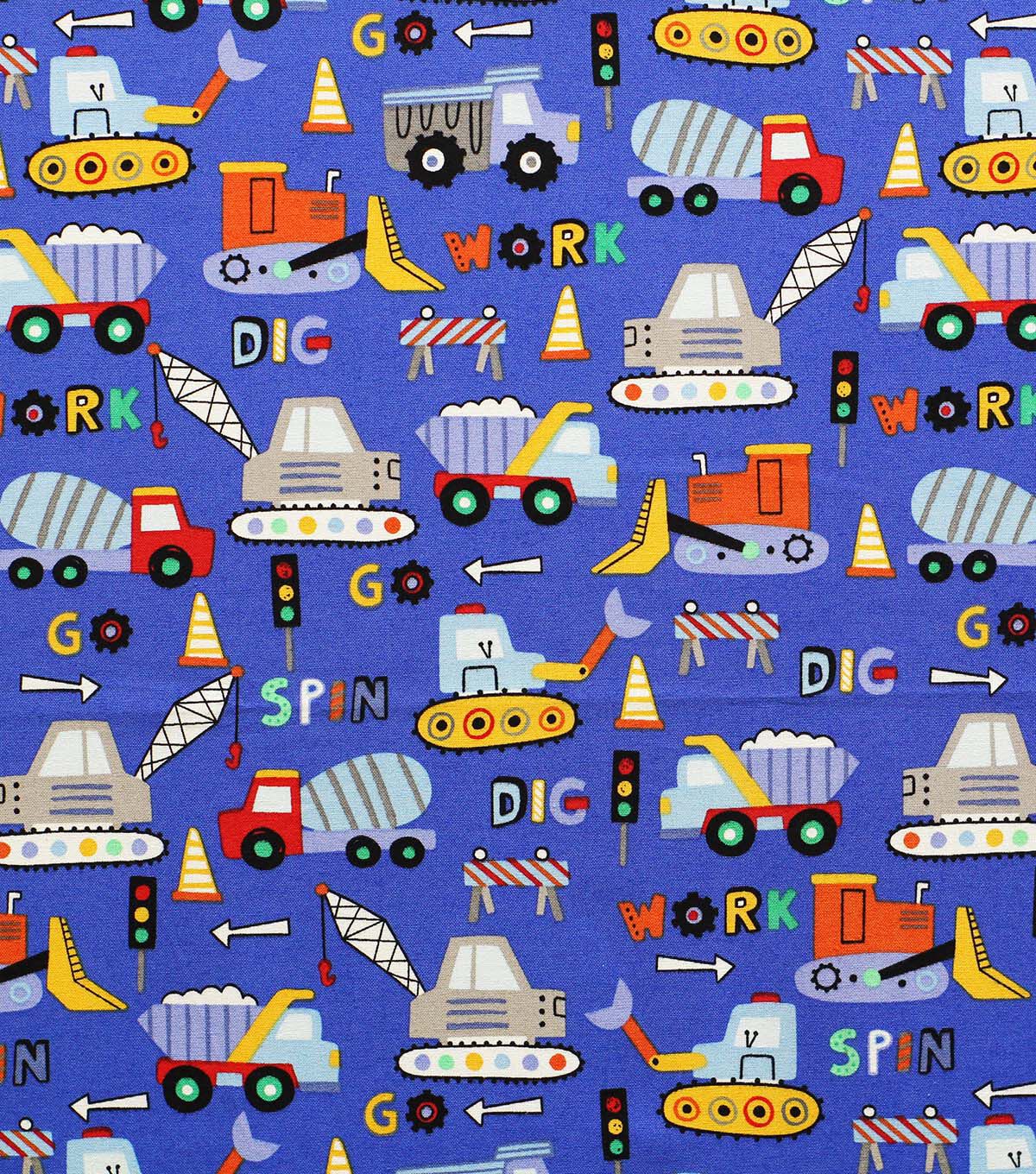 Construction Truck On Blue Novelty Cotton Fabric
