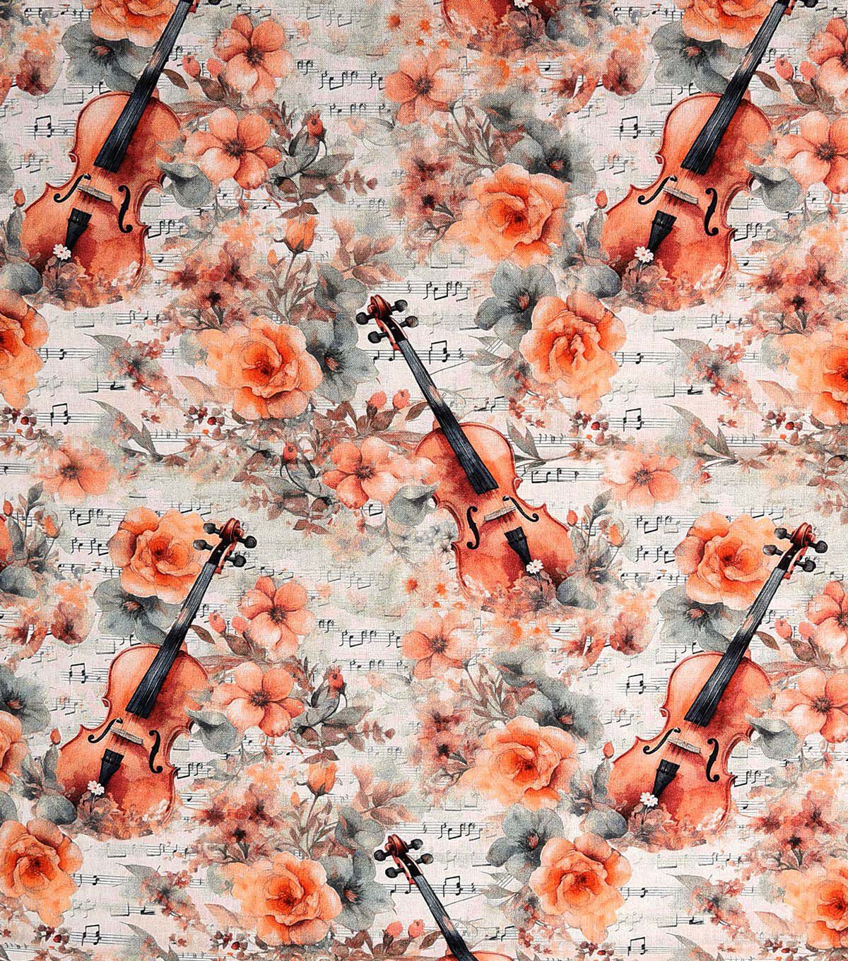 Floral Violins on White Novelty Cotton Fabric