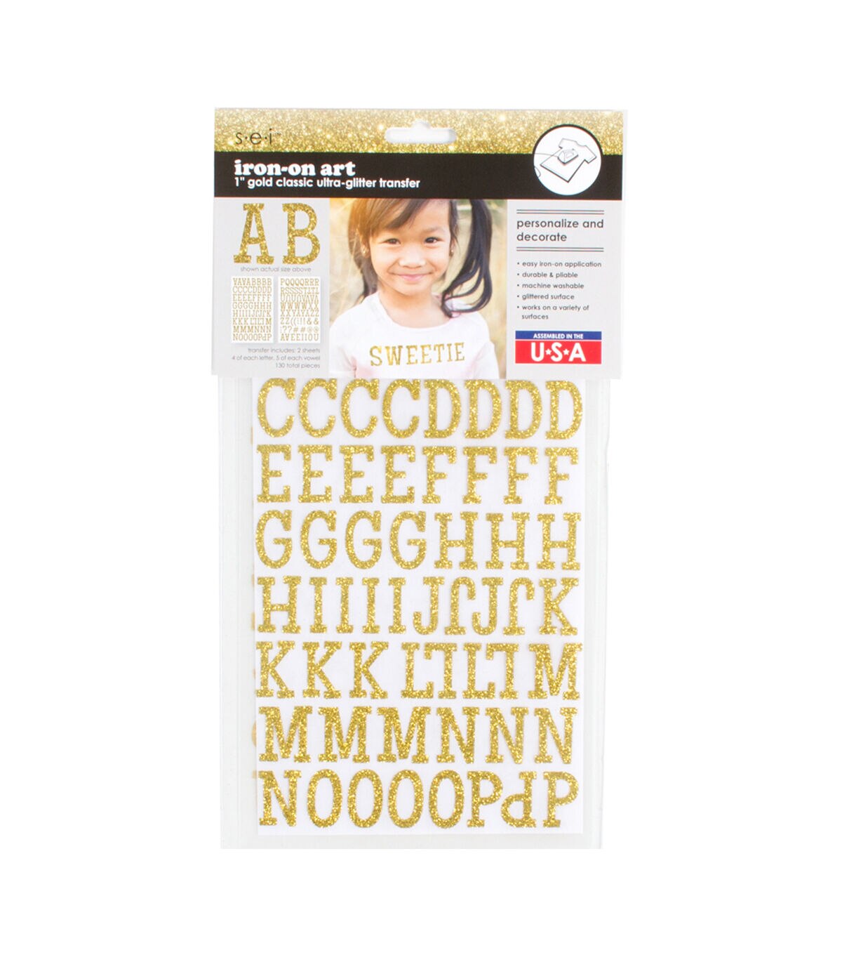 SEI 1 Gold Iron On Art Classic Ultra Glitter Transfer Letters 130ct