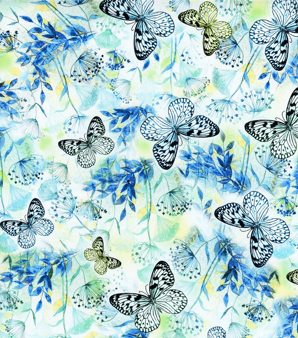 Blue Neon Butterfly Premium Cotton Fabric