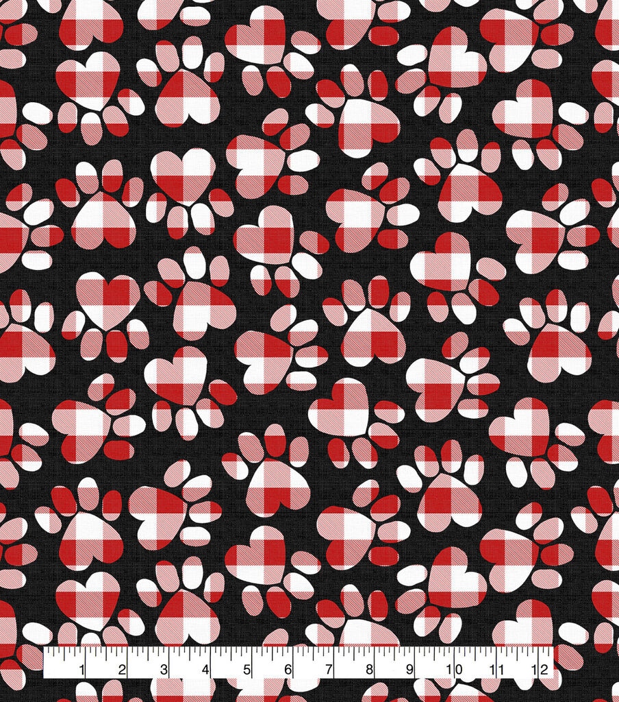 Plaid Paw Prints on Black Christmas Cotton Fabric