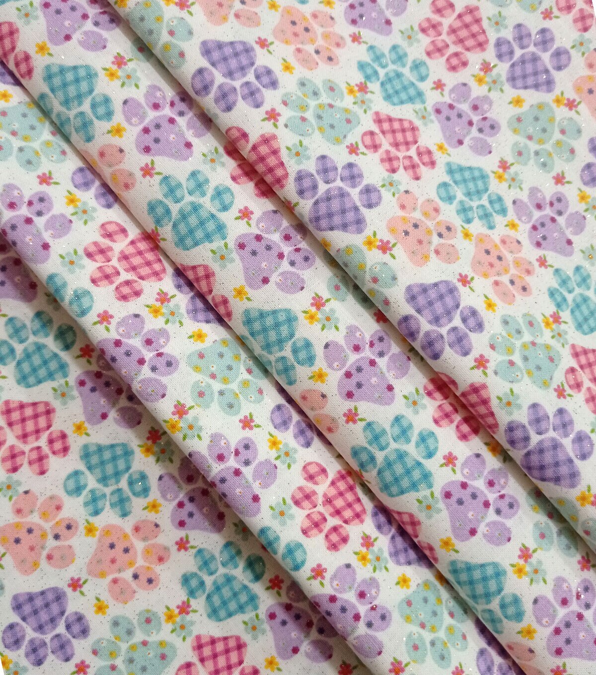 Purple & Red Paw Prints Easter Glitter Cotton Fabric