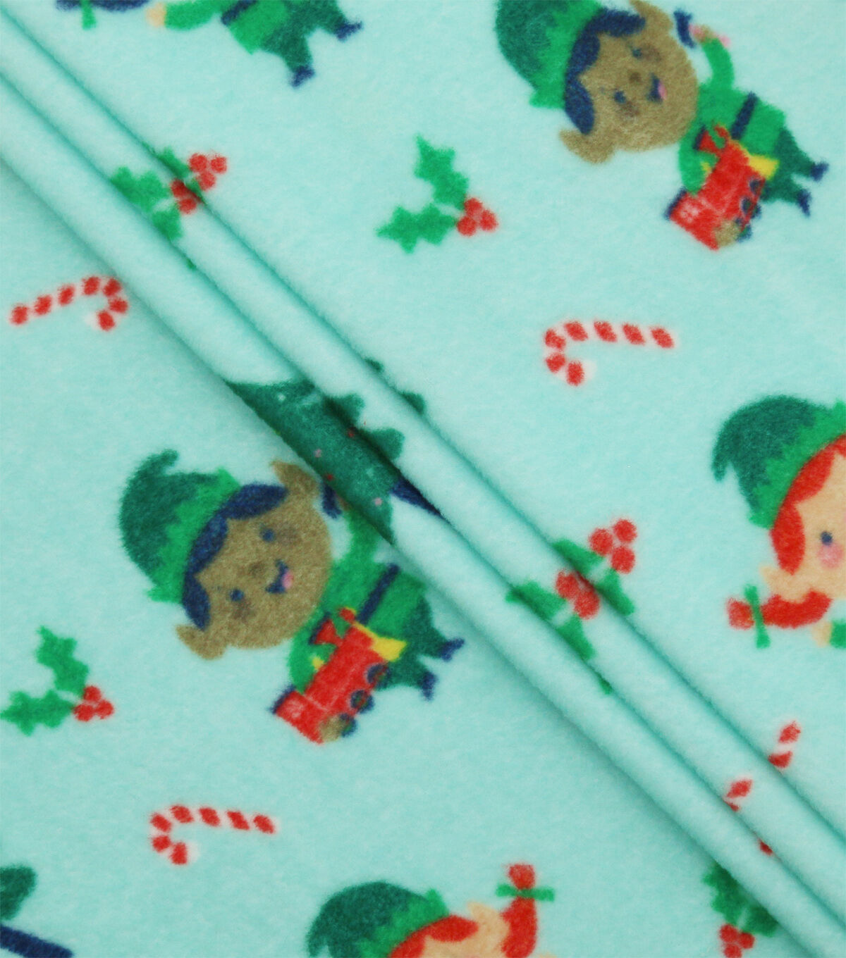 Green Elves & Trees on Blue Anti Pill Fleece Fabric
