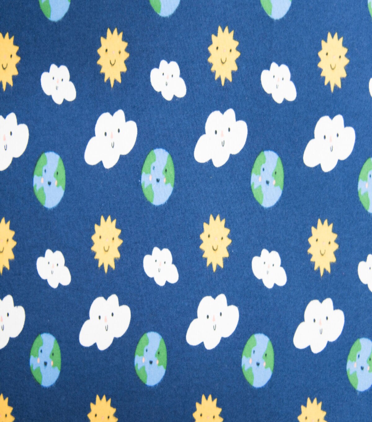 Dark Blue Earth Sun Clouds Super Snuggle Flannel Fabric By POP!
