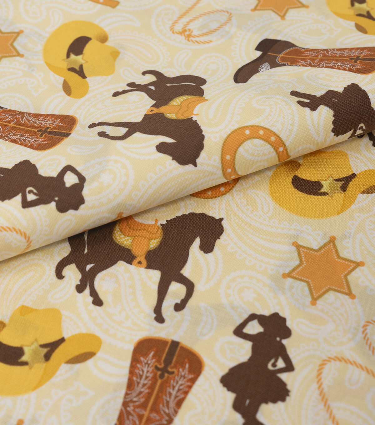 Western Cowgirl on Brown Novelty Cotton Fabric