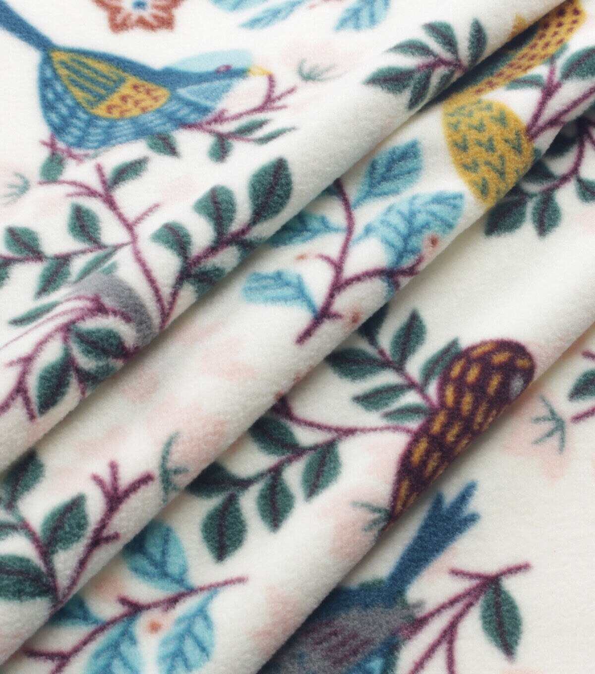 Birds & Floral on White Anti Pill Fleece Fabric