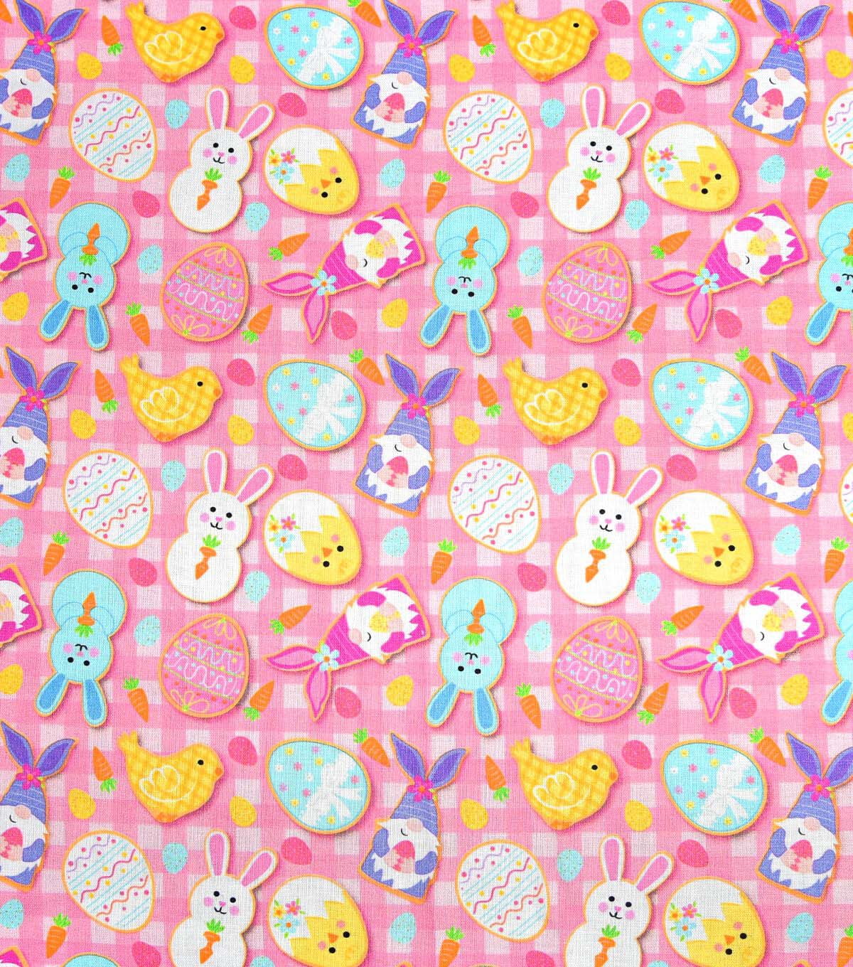 Cookies on Pink Plaid Easter Cotton Fabric