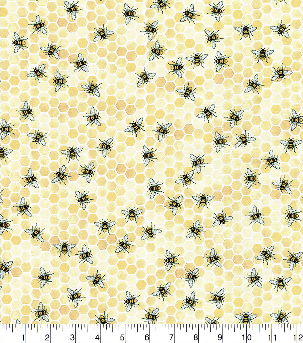 Yellow Sunny Bee on Honeycomb Premium Cotton Fabric