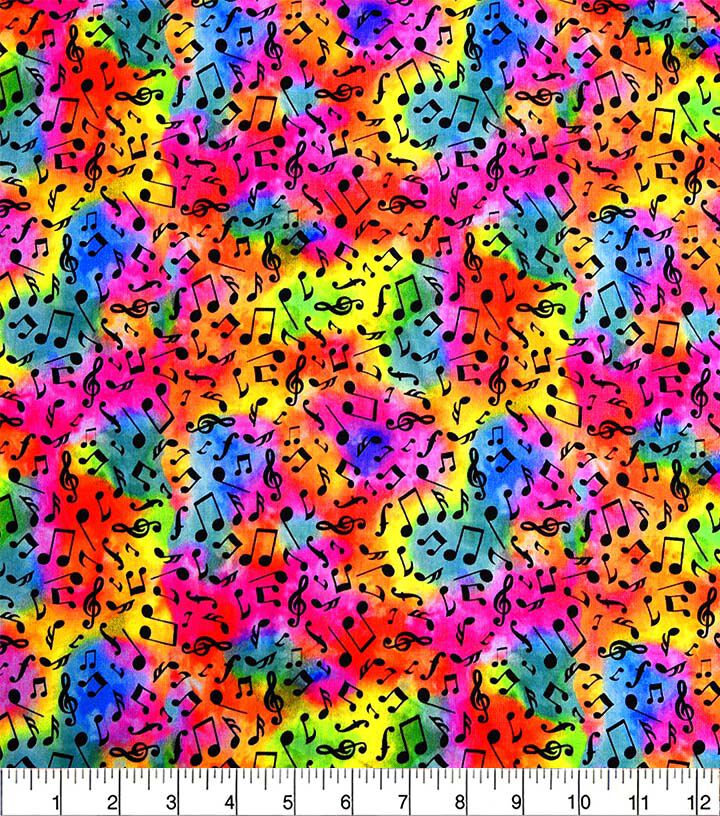 Tie Dye Music Notes Foil Novelty Cotton Fabric