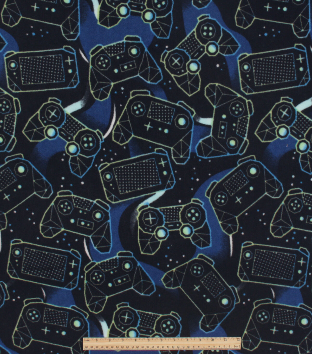 Blue Gaming on Black Anti Pill Fleece Fabric