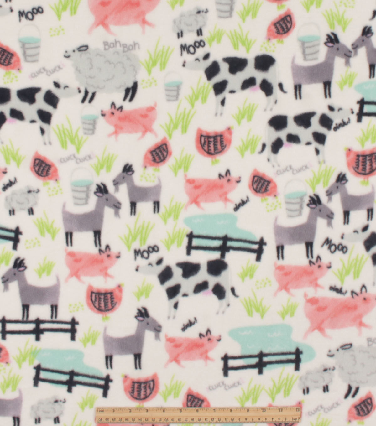 Farm Animals on White Anti Pill Plush Fleece Fabric