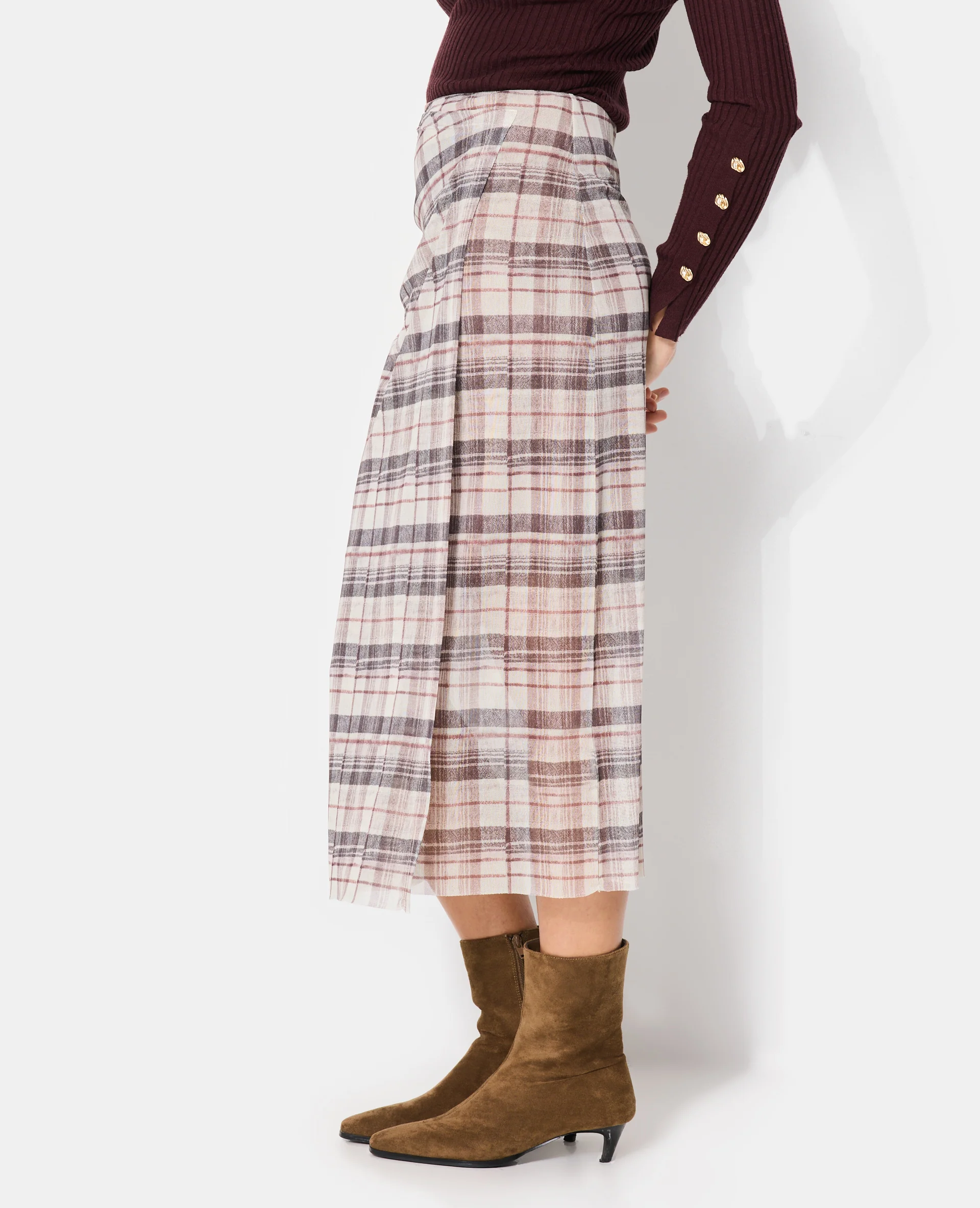 Jupe longue en résille effet porte-feuille motif carreaux