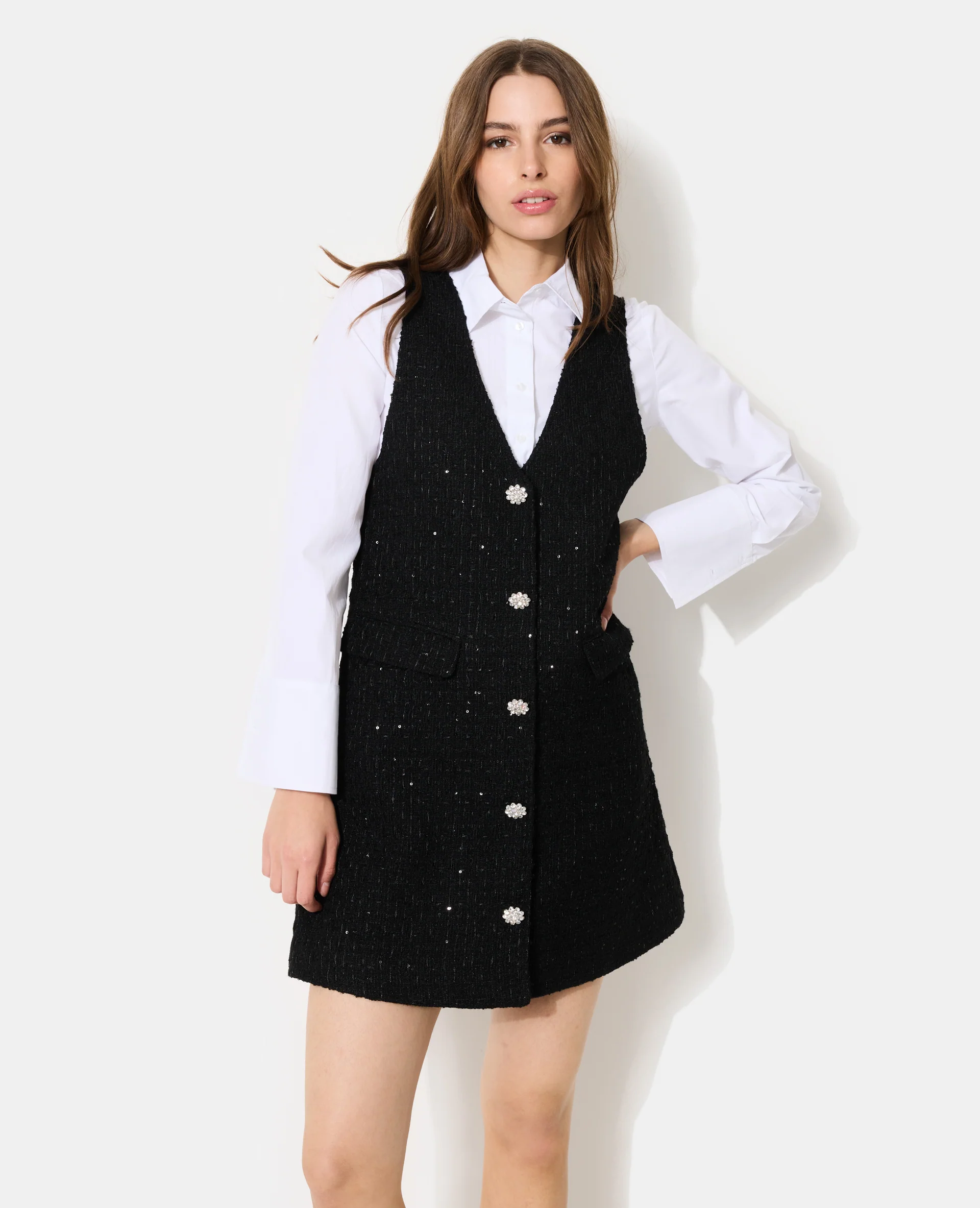 Robe chasuble en tweed avec sequins