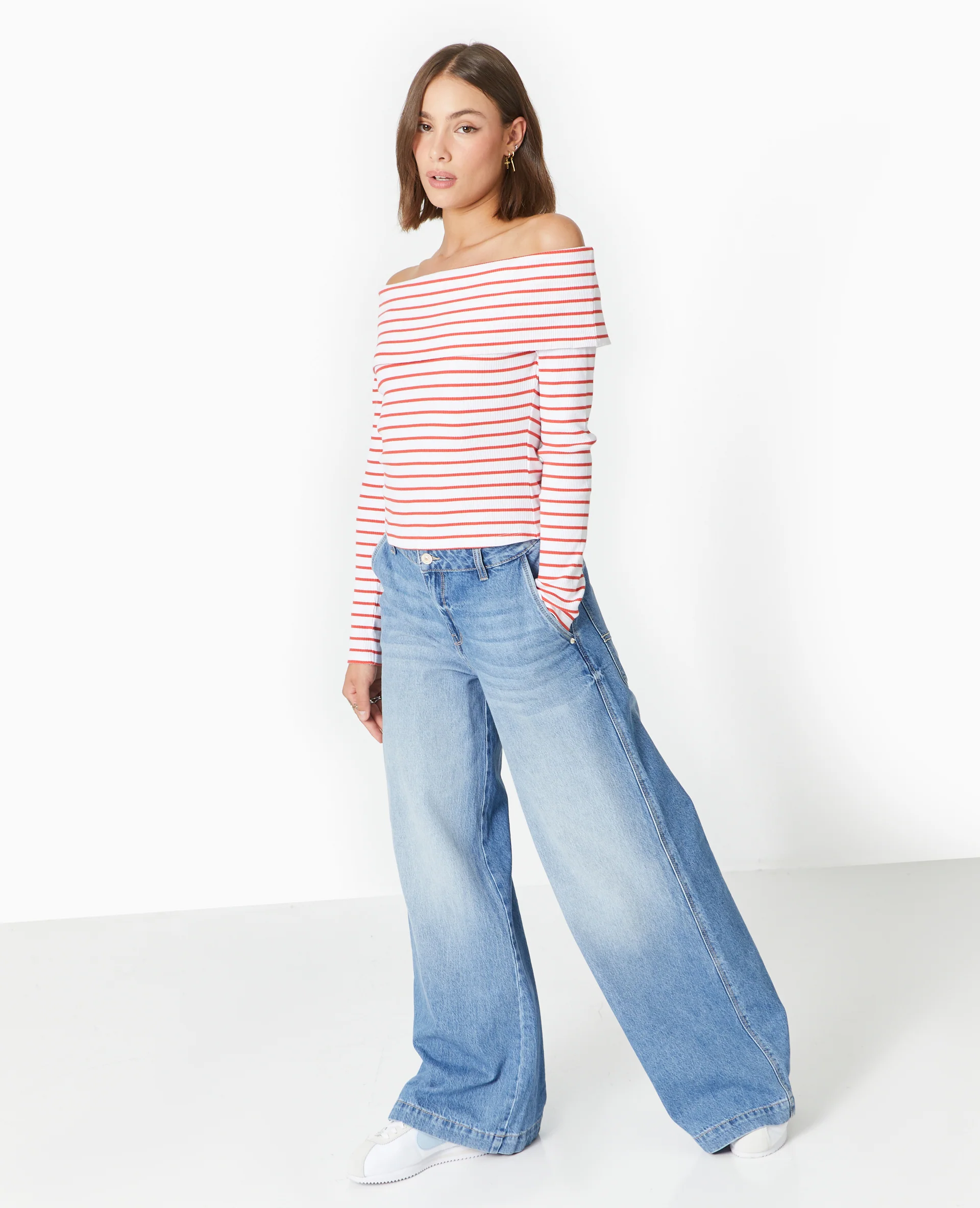 Top en maille côtelée encolure Bardot rayé