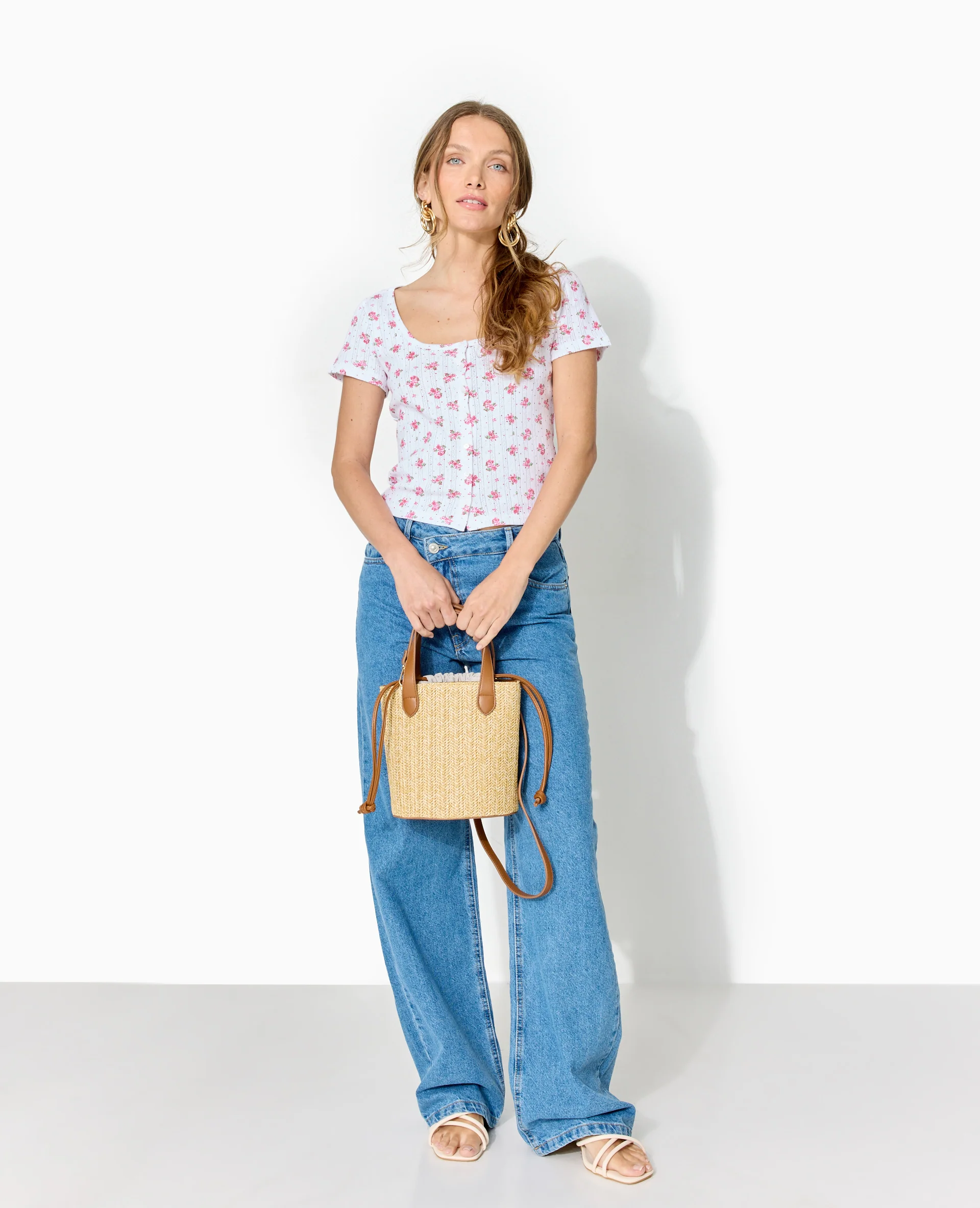 T-shirt boutonné en maille pointelle motif fleurs