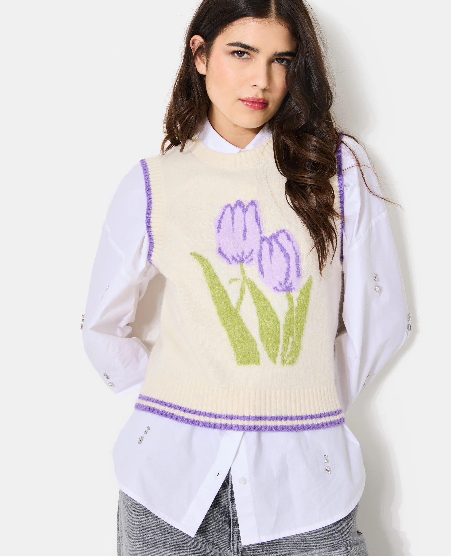 Pull sans manches avec tulipes