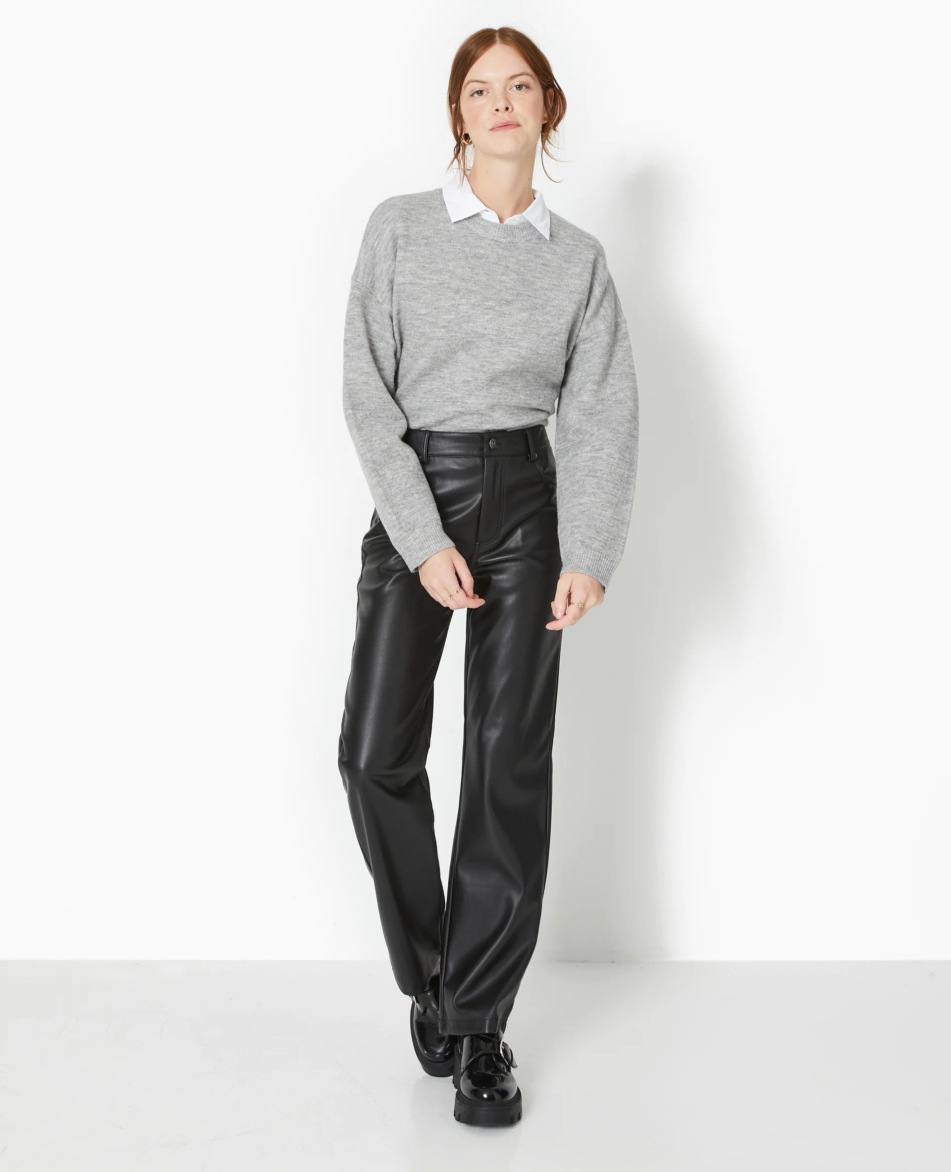 Pantalon droit taille haute en simili cuir