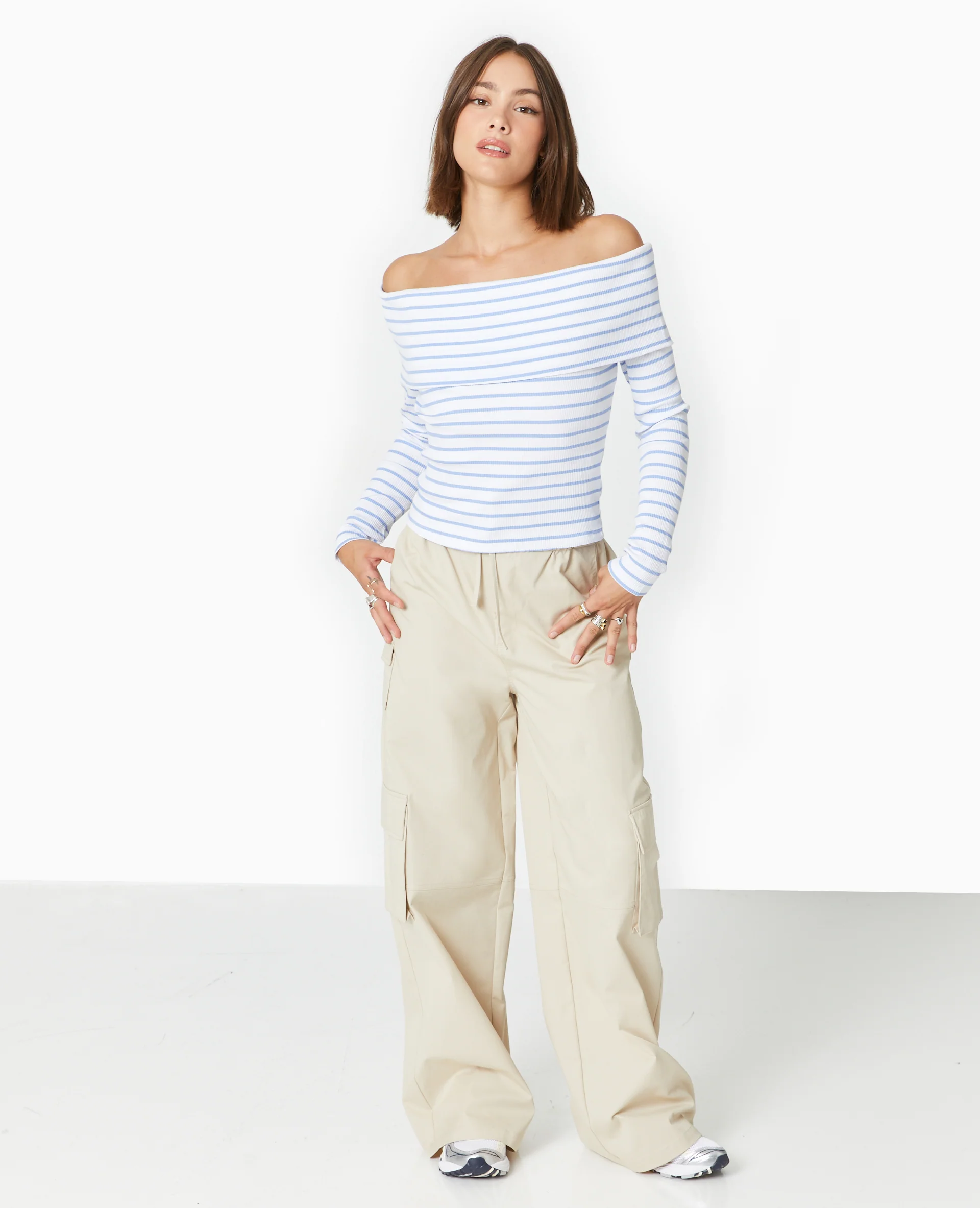 Top en maille côtelée encolure Bardot rayé