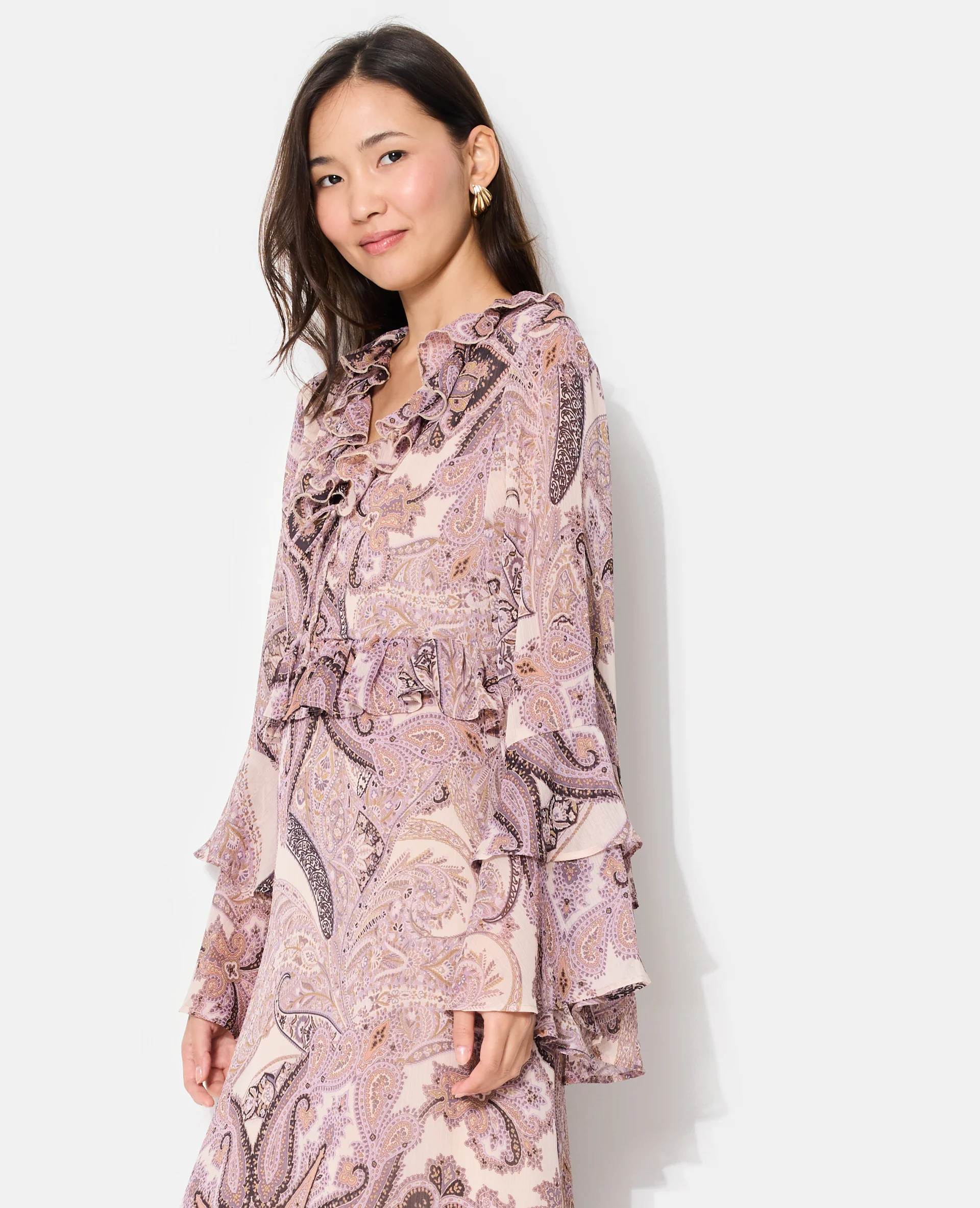 Robe longue en voile avec volants et motif cachemire